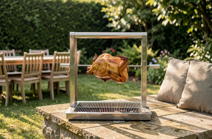 Tourne-broche solaire en acier inoxydable installé sur un barbecue en pierre dans un jardin verdoyant avec un poulet entier en train de rôtir