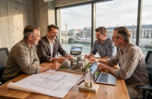 Équipe d'urbanistes et d'architectes collaborant autour d'une maquette urbaine dans les bureaux du Grand Paris Seine Ouest
