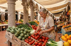 Vendeuse sarde âgée arrangeant des légumes frais et colorés sur un étal en bois au marché de Porto Torres, ambiance authentique