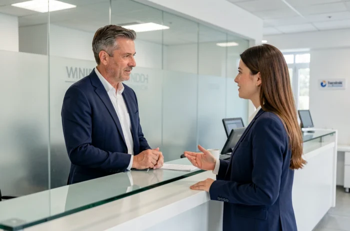 Client discutant avec un conseiller bancaire pour effectuer un verrouillage temporaire de sa carte de paiement en agence