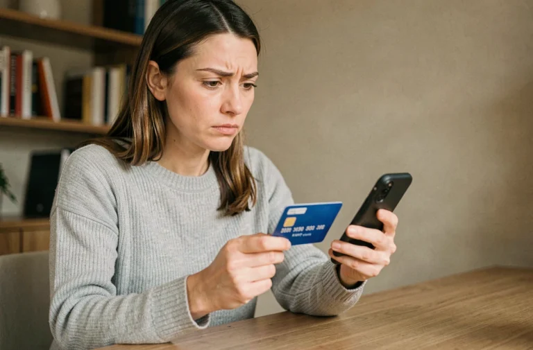 Femme consultant son application bancaire sur smartphone pour verrouiller temporairement sa carte bancaire