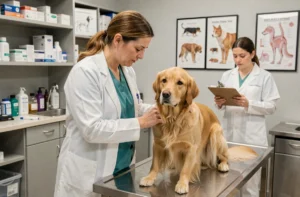 Vétérinaire examinant un golden retriever dans une clinique vétérinaire moderne, tendances animalières