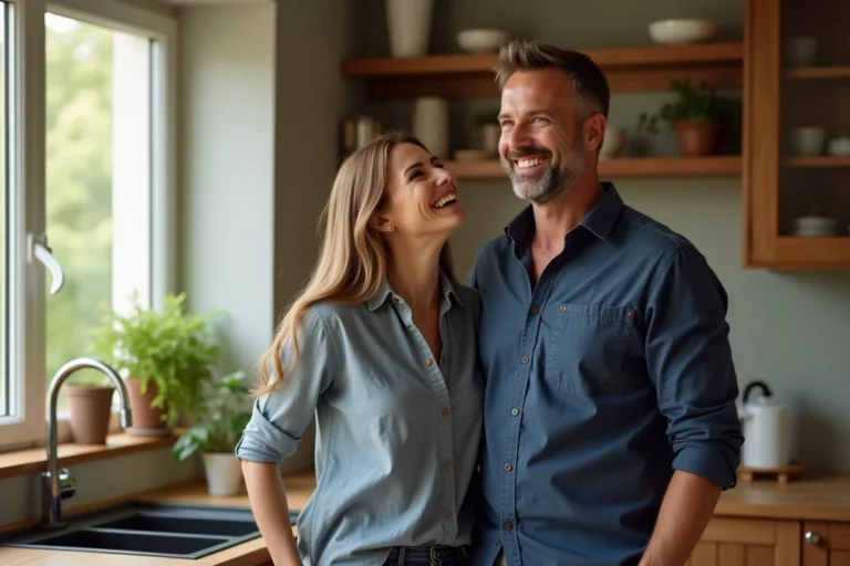 Couple souriant dans une cuisine familiale chaleureuse, illustrant la vie privée et conjugale d'une personnalité publique