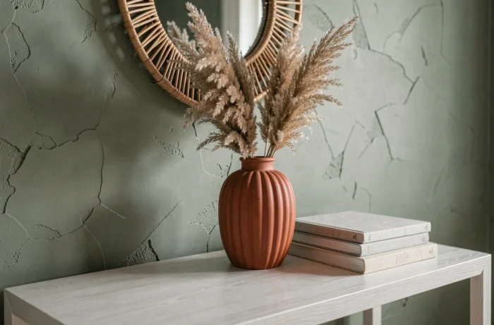 Decorative vignette with a ribbed ceramic vase, dried pampas grass, and a rattan mirror on a white oak console in front of a sage green plaster wall
