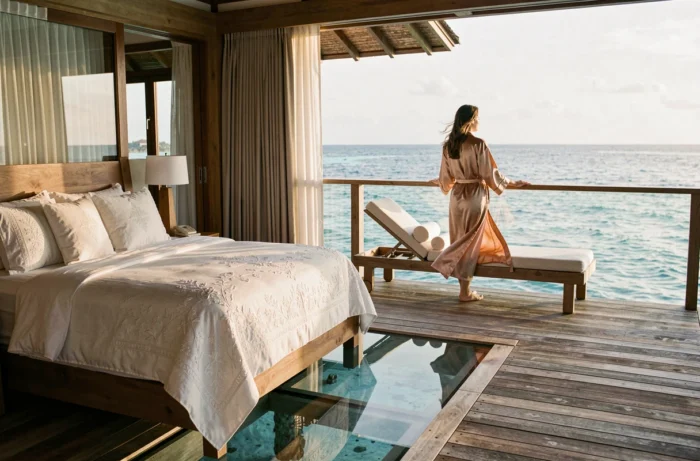 Villa on stilts of an 8-star resort with glass floor over turquoise lagoon and private terrace overlooking the ocean