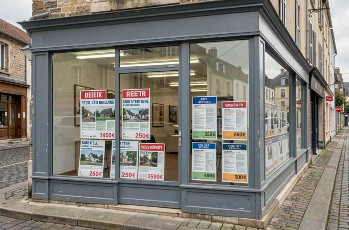 Window of a real estate agency in France displaying listings with price reductions, illustrating the correction of the real estate market and the risks of a bubble in 2024