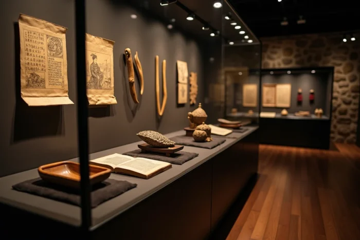 Vitrine muséale présentant des artefacts historiques liés aux usages du bambou dans les cultures asiatiques anciennes
