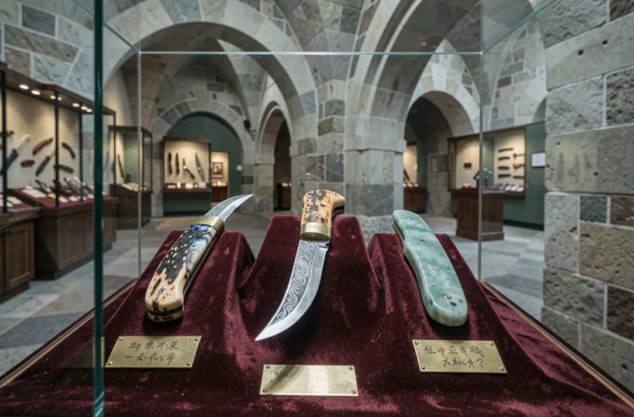 Vitrine de musée présentant trois couteaux de collection historiques et luxueux avec manches en bois de cerf, nacre et jade gravé
