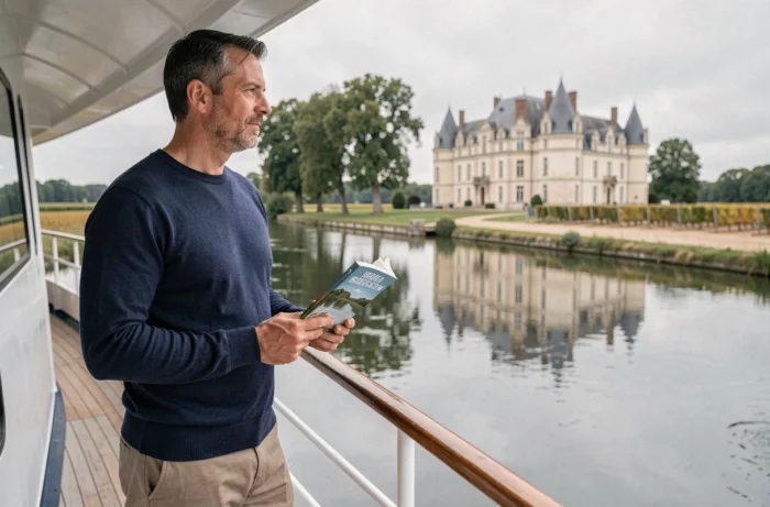 Traveler on a river cruise boat admiring a chateau in the Loire Valley in France