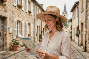 Voyageuse consultant une carte dans un village pittoresque de France avec architecture en pierre