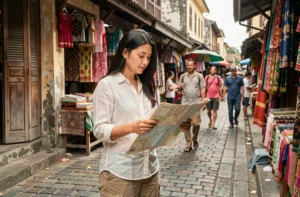 Voyageuse consultant une carte dans une rue animée d'un marché en Asie du Sud-Est lors d'un tour du monde