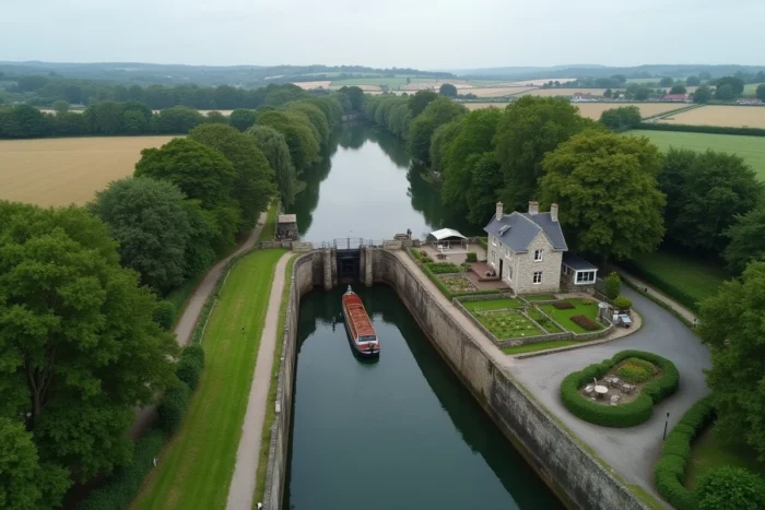 Vue aérienne d'une maison éclusière bretonne entourée de canaux et de paysages ruraux, projet d'investissement touristique
