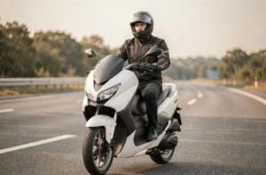 Yamaha Xmax 125 sur autoroute avec pilote en tenue de moto complète, vue 3/4 avant au ras du sol