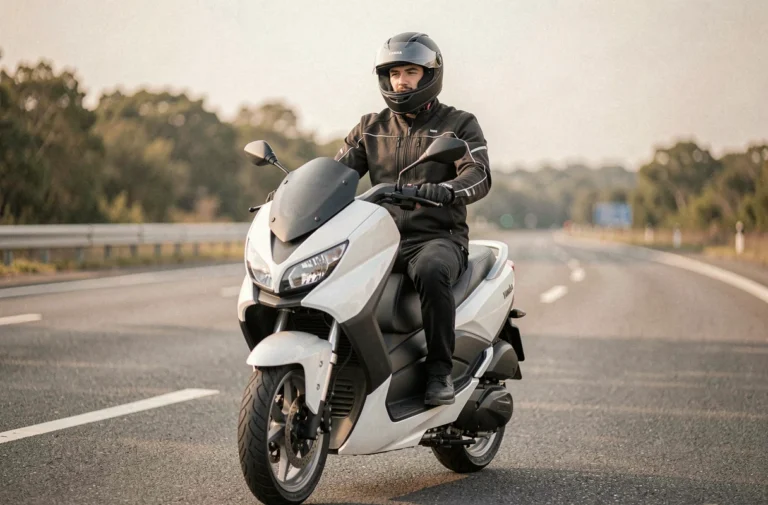 Yamaha Xmax 125 sur autoroute avec pilote en tenue de moto complète, vue 3/4 avant au ras du sol